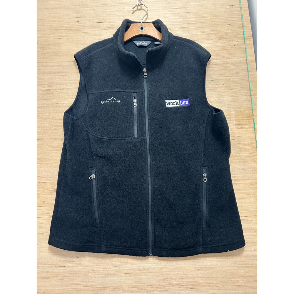 Eddie Bauer Mens Large Black Full Zip Fleece Vest Work Box Logo Outdoor Layering